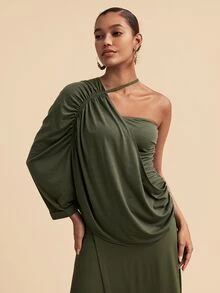 Travachic 女款純色單肩休閒日常穿搭上衣 - 橄欖綠 - 查看 2