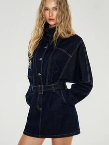 ATUI Studio Gaun Denim Lengan Panjang dengan Kancing Depan dan Pinggang Ramping untuk Wanita, Model Street Style, dan Saku. - Dark Wash - View 5