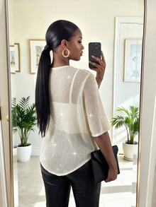 SHEIN Lady Plus Size Women's 5-Sleeve Round Neck Solid Color All-Match Versatile Knit Top - Khaki - View 2