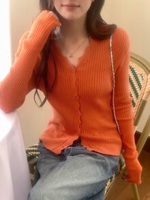 DAZY 女款休閒蕾絲飾邊羅紋針織開襟衫 - 橘色 - 查看 4