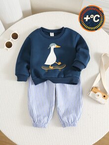 SHEIN 2件組嬰兒男童/女童秋冬加厚抓絨內裡白色鵝圖案運動衫與條紋慢跑褲套裝，嬰兒男童冬季套裝，運動服 - 彩色 - 查看 7