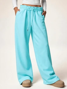 SHEIN Tween Girl) Casual All-Match Versatile Streetwear Pocket Loose Wide Leg Elastic Waist Washed Snow Wash Sweatpants - Mint Blue - View 1
