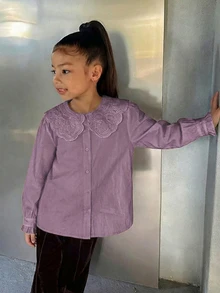 DAZY 青少年女孩秋季服飾蕾絲娃娃臉泡泡袖長袖甜美襯衫 - 紫色 - 查看 3