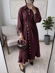 Veilorie Gaun Lengan Panjang Berlipit dengan Desain Kancing untuk Wanita yang Suka Bepergian - Burgundy - View 6