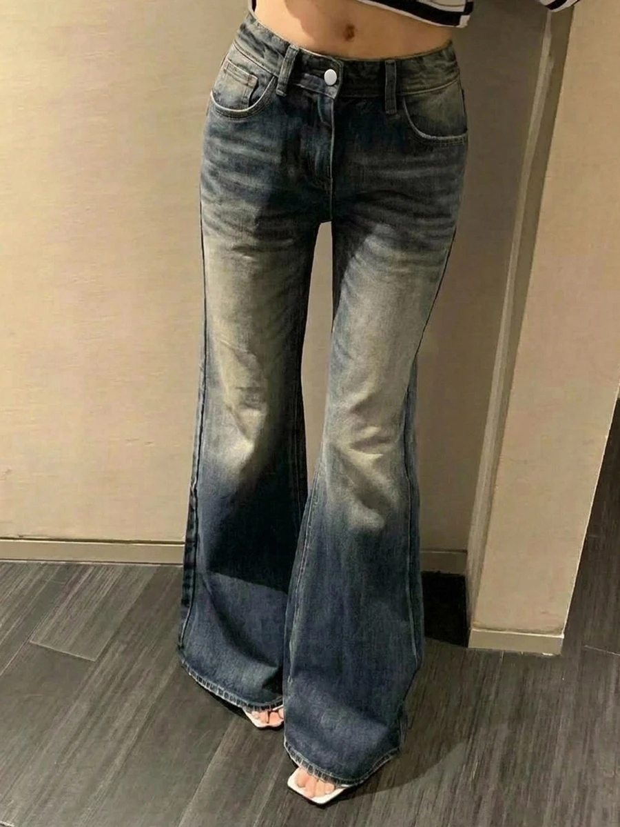 DAZY Women's Blue-Grey Washed Distressed High-Waist Slim Fit Flared Leg Vintage Casual Denim Jeans - Blue - View 1