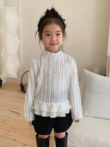 DAZY Baby Girl Solid Color Casual Cable Knit Lace Patchwork Top - White - View 3