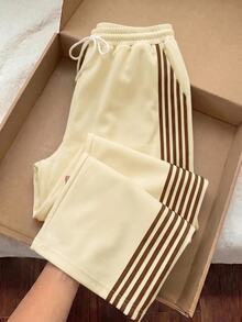 Comfortcana Plus Size Women's Side Stripe Drawstring Casual Loose Sweatpants - Light Yellow - View 8