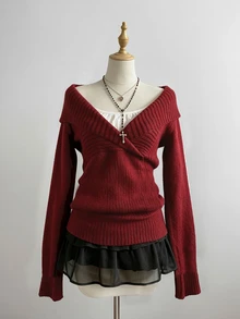 Sweetra Red Cute Sweet Casual Fashion Cold Shoulder Sexy Vintage Charming Urban Commute Pullover Sweater For Women - Red - View 3