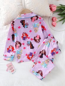 SHEIN 女童卡通印花休閒日常開襟長袖上衣與長褲2件套 - 淡紫色 - 查看 2
