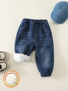 Baby Boy Autumn/Winter Thermal Lined Thick Versatile Comfortable Elastic Waist Cuffed Denim Pants, Suitable For Christmas Gift And Outdoor Wear - Blue - View 4