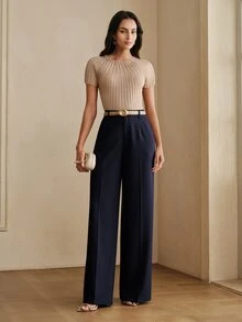 Anewsta 夏季新款卡其色女式西裝長褲，現代都市風純色口袋翻蓋裝飾，寬鬆闊腿外出時尚西裝褲 - 藏蓝色 - 查看 7