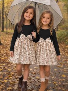 Emery Rose Kids Emery Rose Kids 女童小女孩可愛拼接洋裝，復古棕色羅紋上衣配蝴蝶結與花卉裙襬，長袖連身裙，適合春夏秋冬 - 黑色 - 查看 3