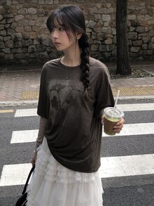 DAZY Brown Round Neck Floral Print Loose Casual Layering T-Shirt - Brown - View 3