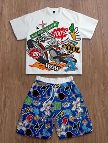 LOONEY TUNES X SHEIN Daypath Men Summer Cartoon Graphic Short Sleeve Tee & Shorts Set - Multicolor - View 1