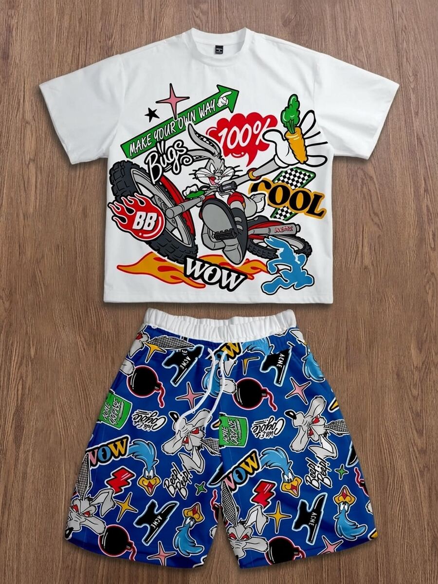 LOONEY TUNES X SHEIN Daypath Men Summer Cartoon Graphic Short Sleeve Tee & Shorts Set - Multicolor - View 1