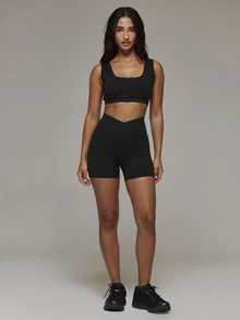 Musera Sport Dipped V Front Back Logo Printed Fitted Active Legging An Fitted Mini Short Active Multipack Sport Essentials Basics Autumn Fall Winter - Black - View 9