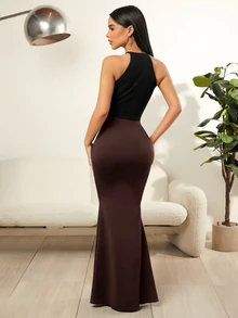 SHEIN SXY 女款優雅交叉腰性感美人魚尾中長裙 - 咖啡棕 - 查看 2