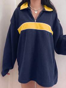 Lumivelle Plus Size Women's Colorblock Zipper Design Fleece Pullover Sweatshirt - Blue - View 3