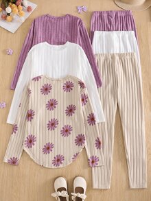 SHEIN Sparklyn Tween Girl Knitted Fuzzy Ribbed Sweatshirt & Pants 3pcs Set, Ribbed Print Pattern With Leggings, Casual Fashion Minimalist Comfortable, Suitable For Indoor & Outdoor, Back To School - Multicolor - View 2