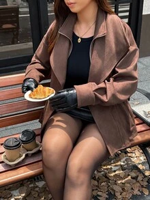 Vionelle Plus Size Women Casual Commute Elegant Suede Dark Brown Long Sleeve Autumn Jacket - Brown - View 7