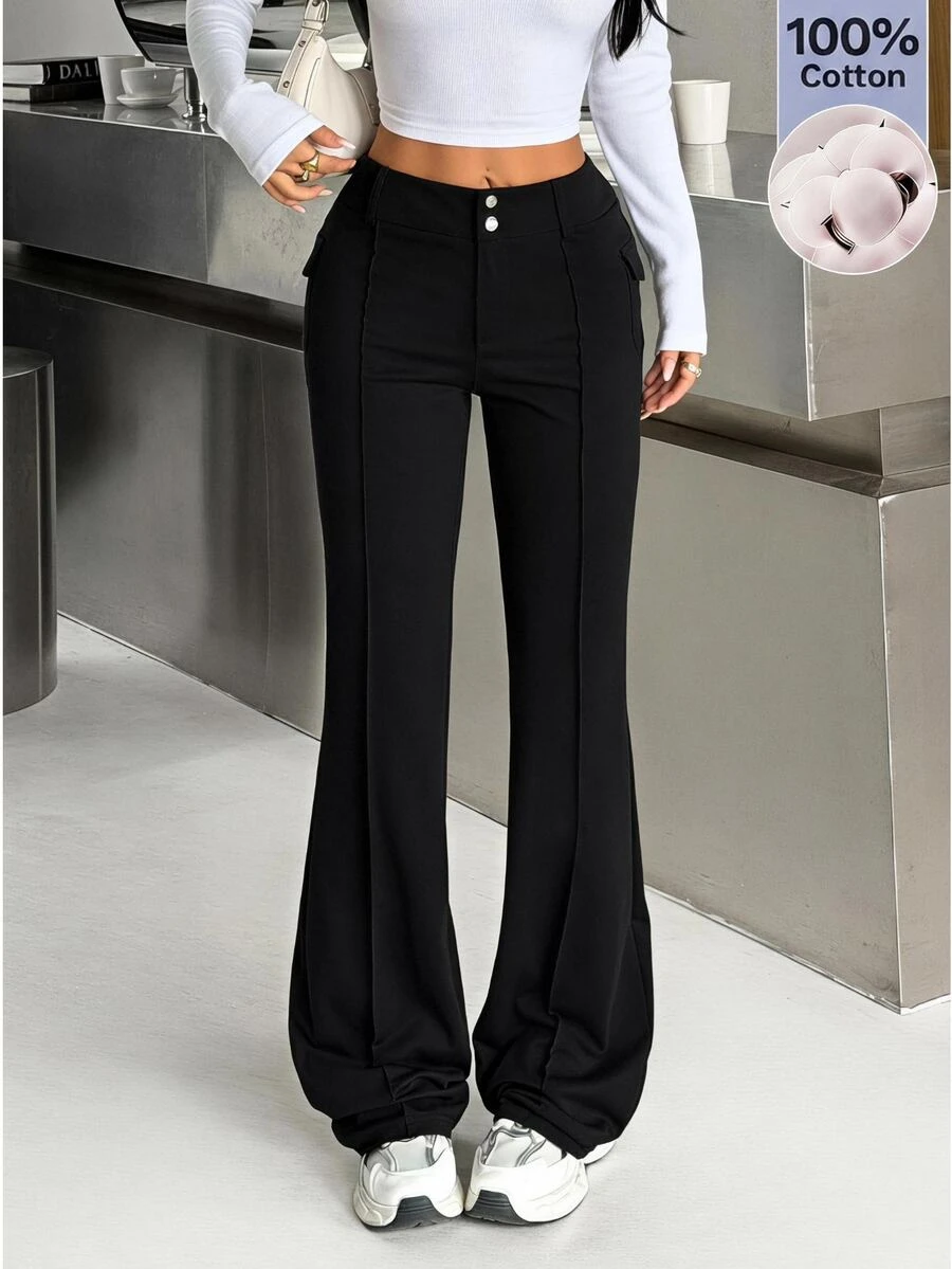 SHEIN EZwear Solid Color Button Knit Women's Long Pants - Black - View 1