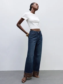 Maija Celana Jeans Denim Wanita Kasual Kaki Lurus Potongan Longgar - Dark Wash - View 4