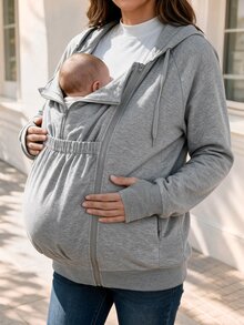 SHEIN Sweatshirt Nyaman Lengan Panjang Warna Polos untuk Ibu Hamil dengan Tudung yang Dapat Dilepas - Grey - View 3