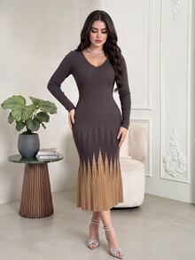 Feyla V-Neck Long Sleeve Geometric Pattern Pleated Dress - Coffee Brown - View 4