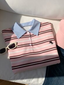 Comfortcana Women's Colorblock Long Sleeve Striped Polo Neck T-Shirt - Pink - View 1