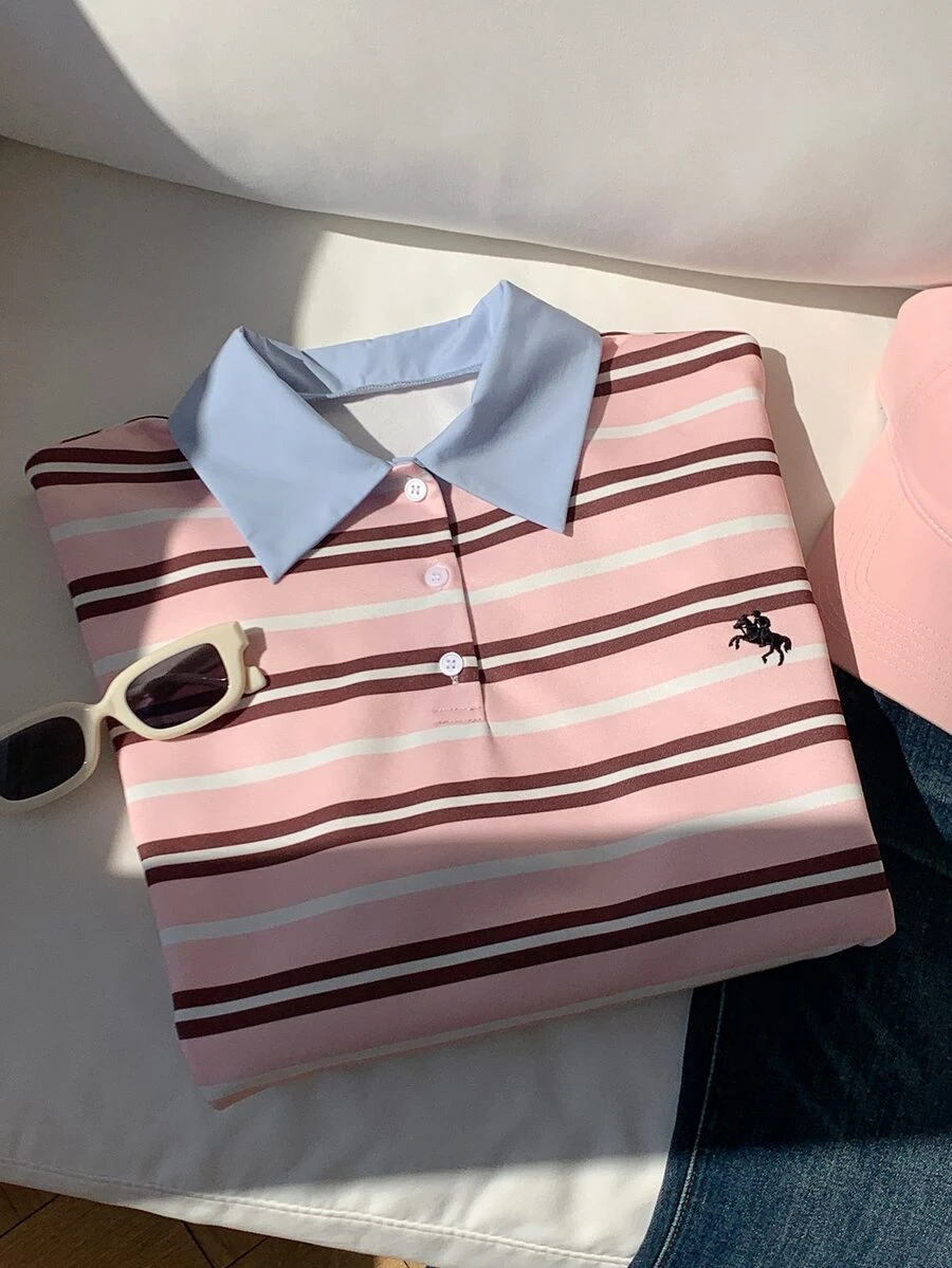 Comfortcana Women's Colorblock Long Sleeve Striped Polo Neck T-Shirt - Pink - View 1