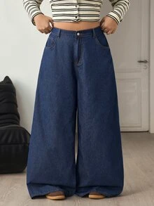 Flexra Festival Plus Size Women Blue Non-Stretch Loose Sexy Wide Leg Denim Jeans - Dark Wash - View 1