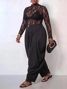 Zivah Plus Size Sexy Lace Sheer Top And Button Pleated Pants 2 Pieces Set - Black - View 5