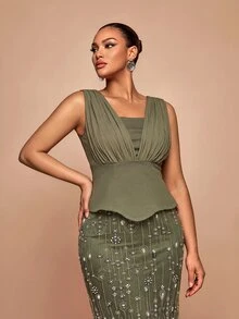 Glamrae Gaun Malam Formal Ukuran Besar Warna Kopi Elegan Romantis Modis Mewah Glamor dengan Manik Payet Bordir Patchwork Rajut Stretch untuk Pernikahan Pesta Perayaan Acara Formal (Desain Pengerjaan Berat) - Coffee Brown - View 3