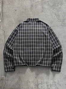 AXEPEAK Men's Plaid Single-Breasted Embroidered Vintage Shirt - Black - View 2