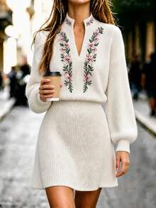 Balvessa Women's Floral Embroidered Cutout V-Neck Drop Shoulder Long Sleeve Sweater And Knitted Skirt Set - Apricot - View 4