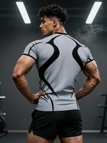 GymBeat Men's Tech Print Slim Fit Sports T-Shirt, Outdoor Gym Running Training Short Sleeve Tee - Grey - View 2