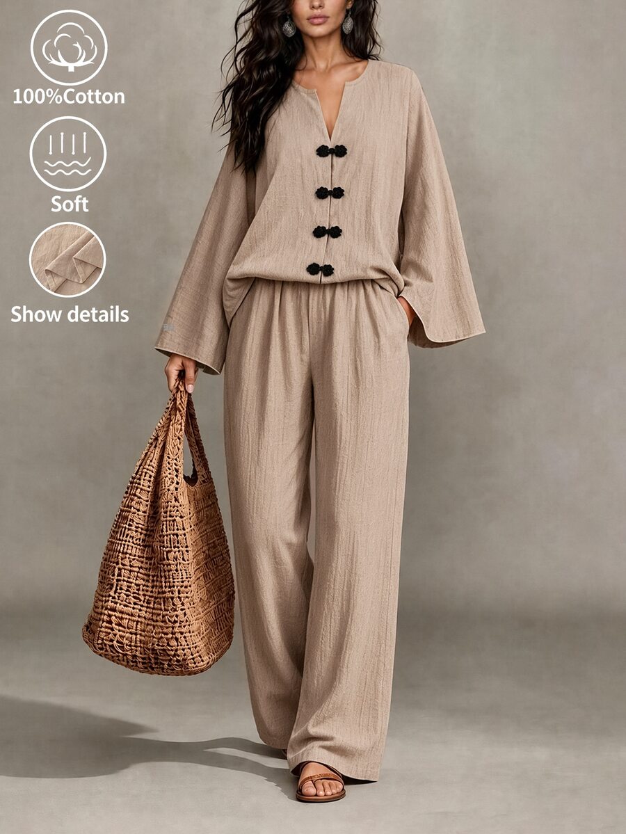 LUMIGAL Set 2 Potong Kemeja Lengan Panjang dan Celana Wanita Musim Gugur Warna Khaki Kasual Serbaguna Modis Nyaman dengan Kancing Katak - Khaki - View 1
