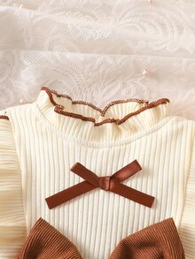 SHEIN 2件組女嬰甜美優雅棕色奶油色大蝴蝶結花卉荷葉邊長袖假領常規版生日派對秋季假期復古芭蕾舞裙洋裝 - 棕色 - 查看 5
