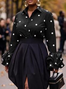 Slaydiva Women's Plus Size Polka Dot Bell Sleeve Blouse Fall - Black - View 6