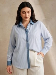 Anewsta Spring Summer Blue & White Striped Denim Patchwork Collared Casual Daily Commute Campus Plus Size Women's Shirt - Blue - View 2