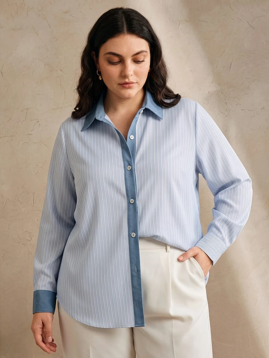 Anewsta Spring Summer Blue & White Striped Denim Patchwork Collared Casual Daily Commute Campus Plus Size Women's Shirt - Blue - View 1