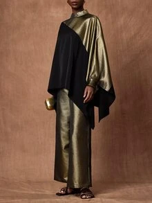Zivah Elegant Women's Long Sleeve Patchwork Shiny Fabric Top & Wide Leg Pants 2 Pieces Set, Versatile For Commuting, Travel And Party - Black - View 1