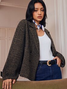 Écloséra Vintage Classic Houndstooth Pattern Dark Plaid Overcoat Loose Drop Shoulder Lapel Double Breasted Design Oversized Silhouette British Academy Style French Slouchy Chic Daily Commute Weekend Date Top Wool Overcoat Jacket - Brown - View 1