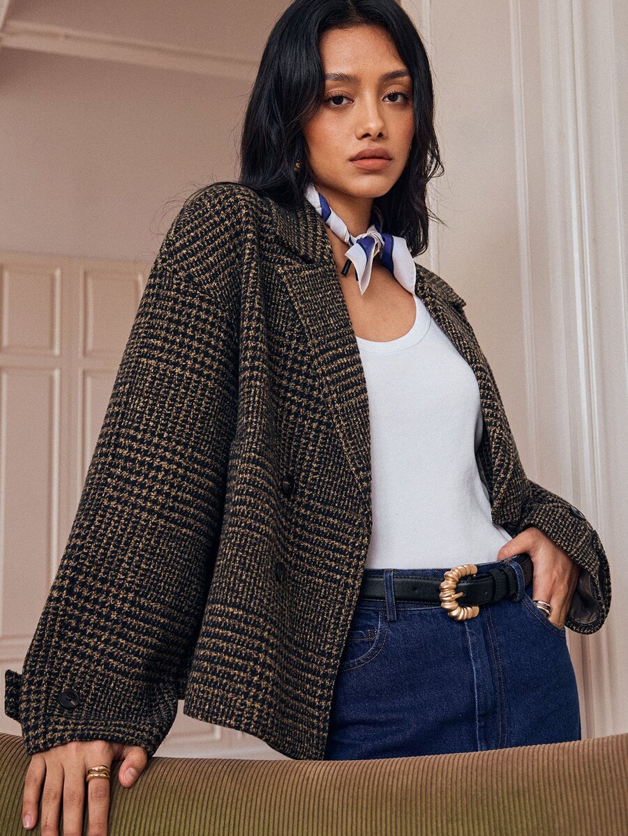 Écloséra Vintage Classic Houndstooth Pattern Dark Plaid Overcoat Loose Drop Shoulder Lapel Double Breasted Design Oversized Silhouette British Academy Style French Slouchy Chic Daily Commute Weekend Date Top Wool Overcoat Jacket - Brown - View 1