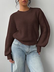 SHEIN BASICS Plus Size Streetwear Retro Long Sleeve Knit Top For Daily Wear - Coffee Brown - View 1