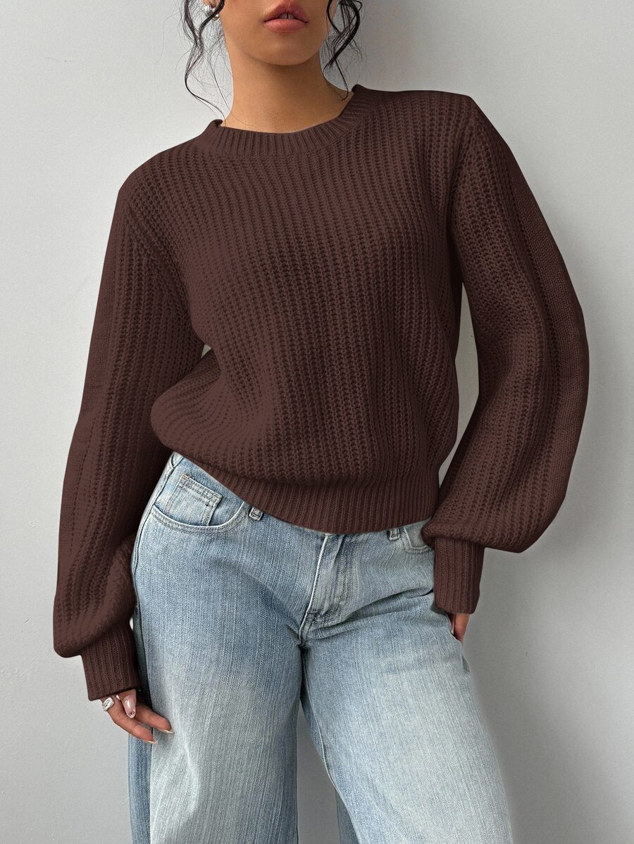 SHEIN BASICS Plus Size Streetwear Retro Long Sleeve Knit Top For Daily Wear - Coffee Brown - View 1