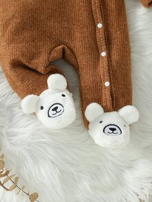 SHEIN 0-12M Unisex Baby Footed Jumpsuit, Bear Applique Patch Ribbed Knit Side Snap Long Sleeve , Spring Autumn Newborn Jumpsuit - Chocolate Brown - View 7