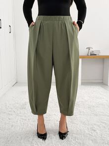 Shapeblank Women's Plus-Size Green Elastic-Waist Cropped Harem Pants – Stylish, Casual, Loose & Comfortable For Spring/Autumn,Curve Pants,Fall Outfits,Bottom - Green - View 4