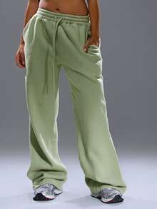 MUSERA Distressed Wide Leg Baggy Joggers Cosy Cute Casual Basic Fall Autumn Everyday Lounge Spring - Green - View 2
