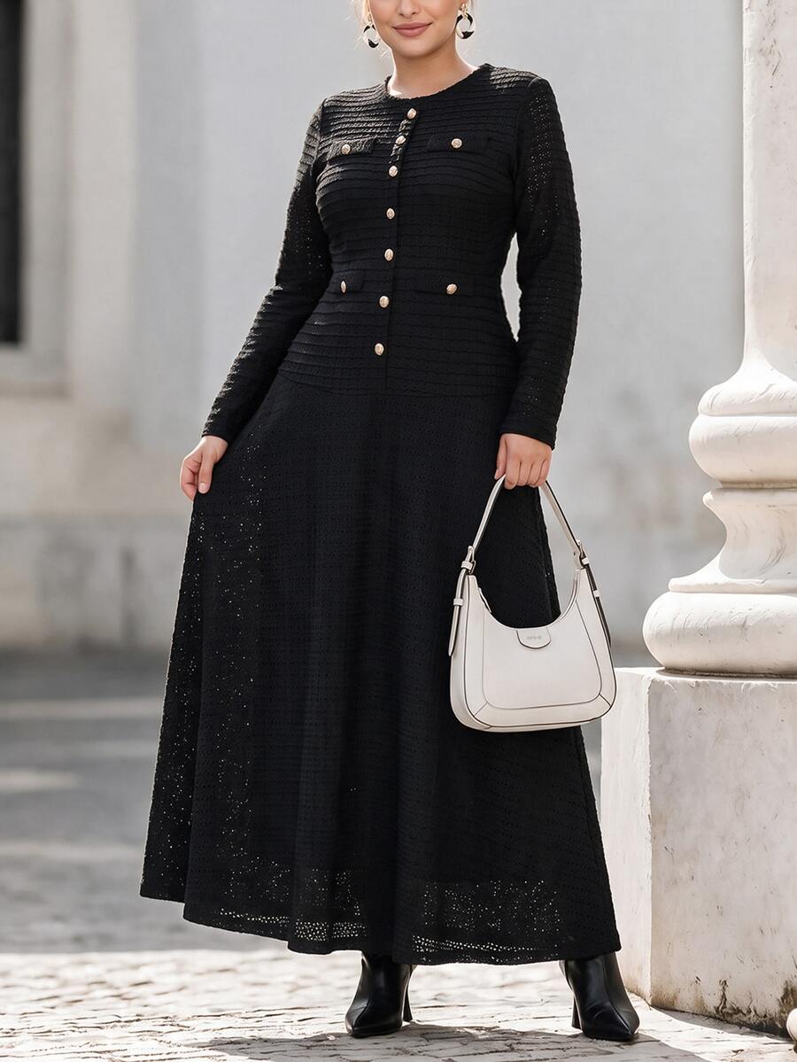 Chikora Plus Size Women Solid Color Button Design Round Neck Long Sleeve Elegant Dress - Black - View 1